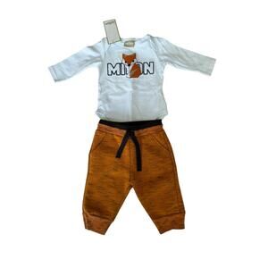 Milon Baby White/Brown Bodysuit And Pajama Two Piece Set Size P or 3 months
